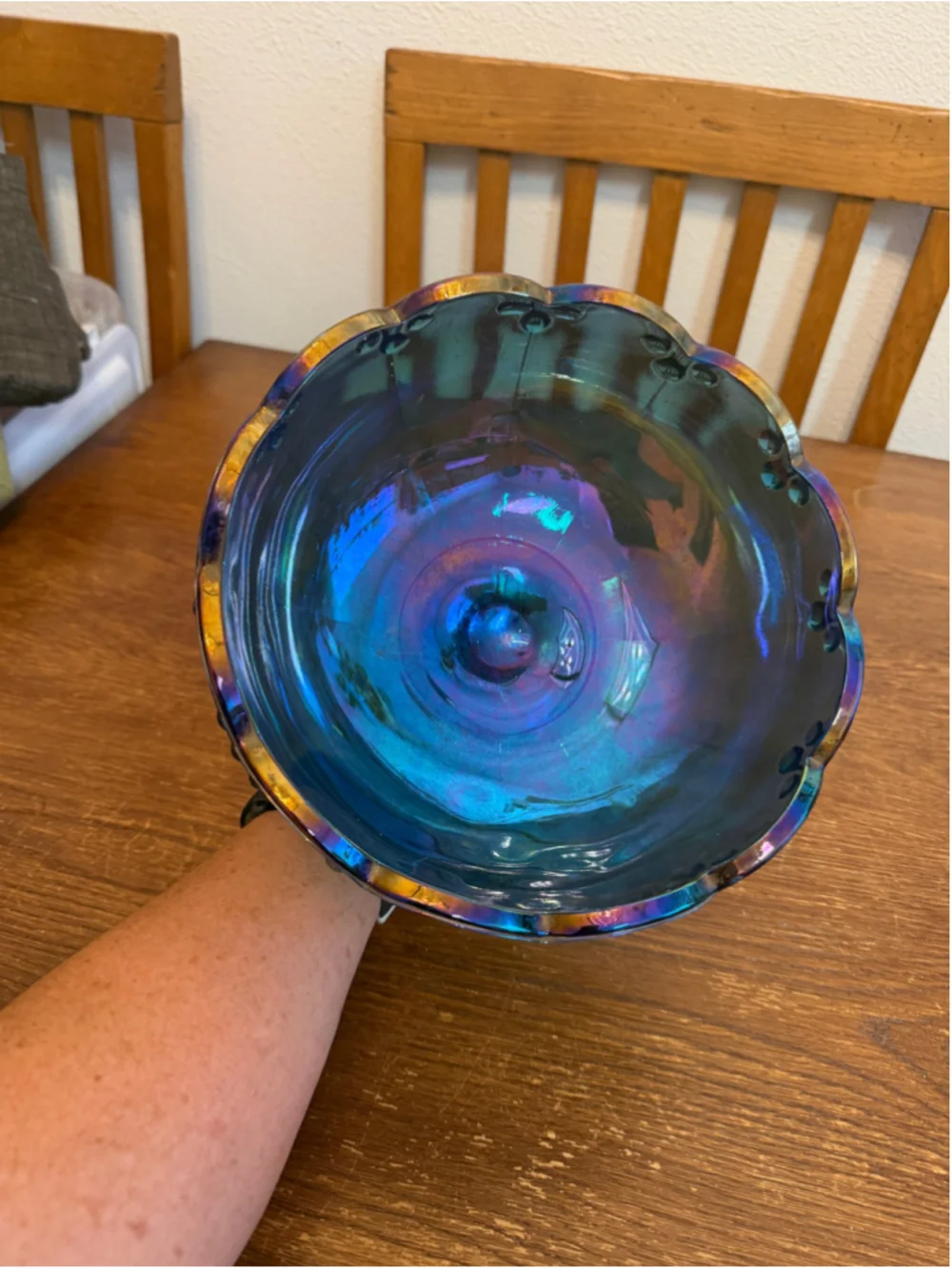 Vintage Blue Carnival Glass Pedestal Compote Bowl Iridescent Scalloped -CH